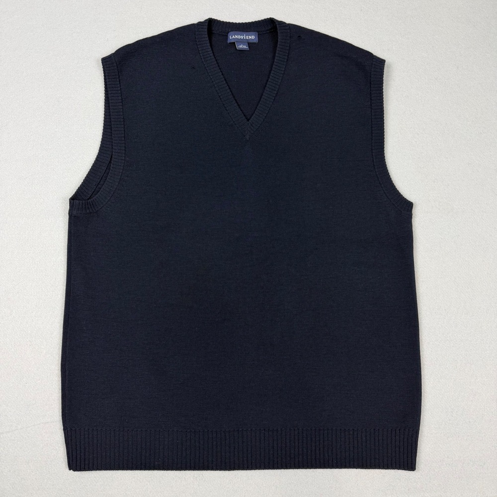 Vintage Lands End Mens Large Navy Blue 100% Wool V-Neck Sweater Vest Made In USA